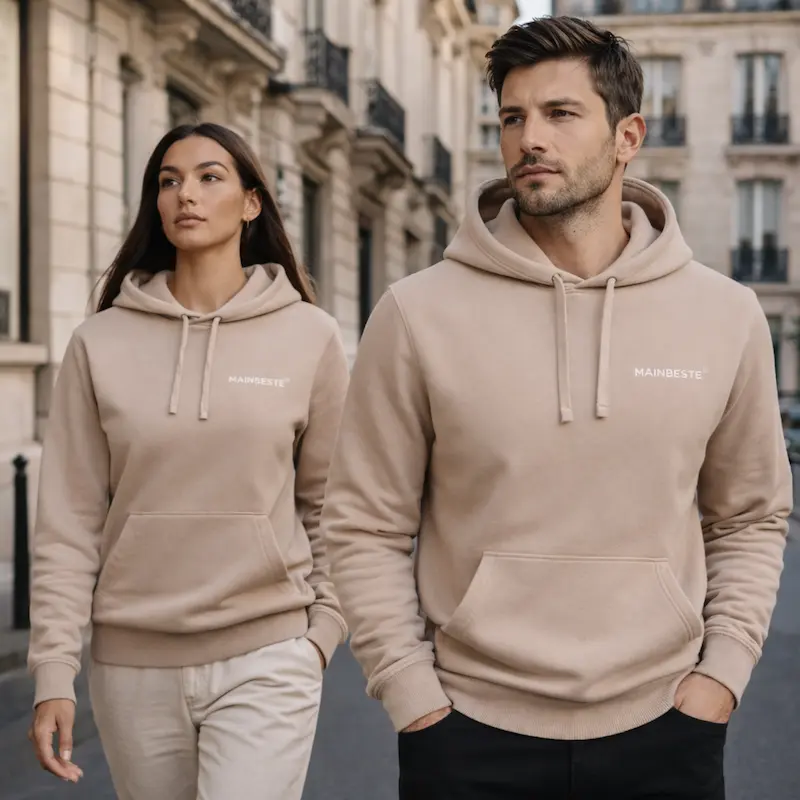 Man and woman wearing Mainbeste Sand Gold hoodies in a Parisian street