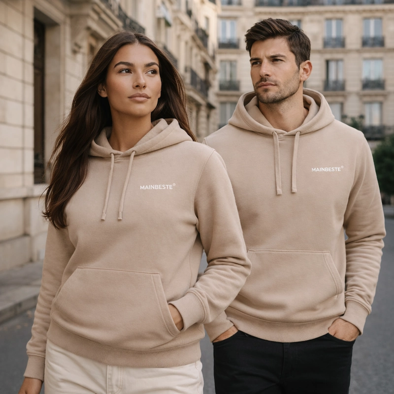 Couple wearing Mainbeste Sand Gold hoodies in Paris