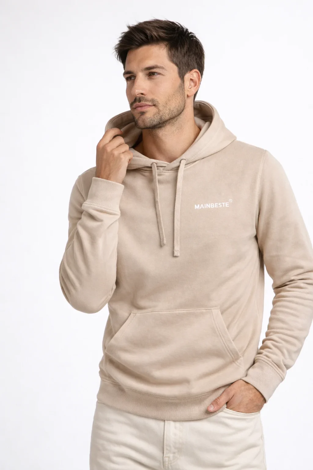 Male model wearing Mainbeste Sand Gold Hoodie
