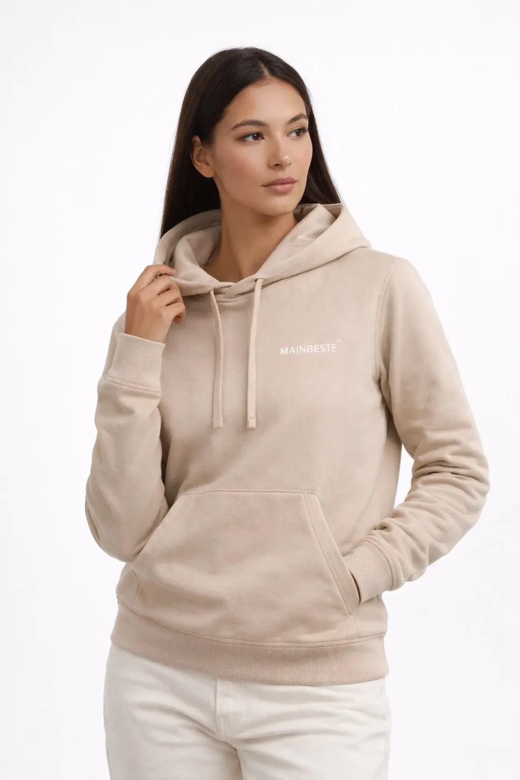 Female model wearing Mainbeste Sand Gold Hoodie