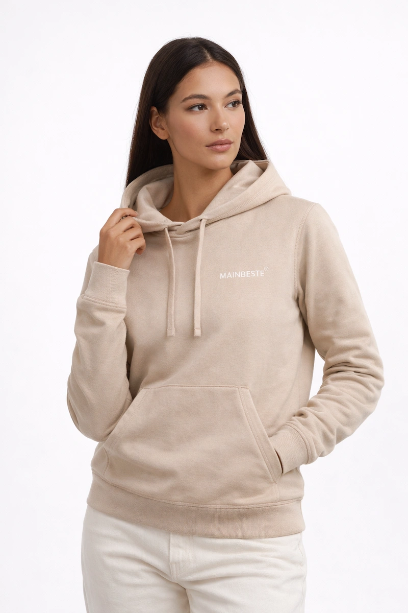 Female model wearing Mainbeste Sand Gold Hoodie