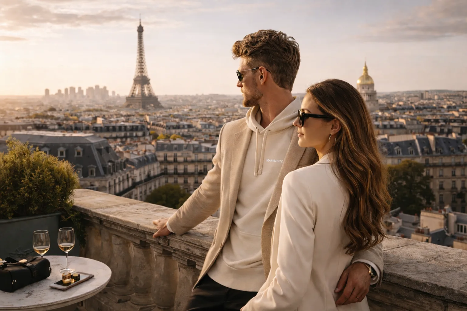 Couple wearing Mainbeste luxury apparel overlooking the Paris skyline and Eiffel Tower