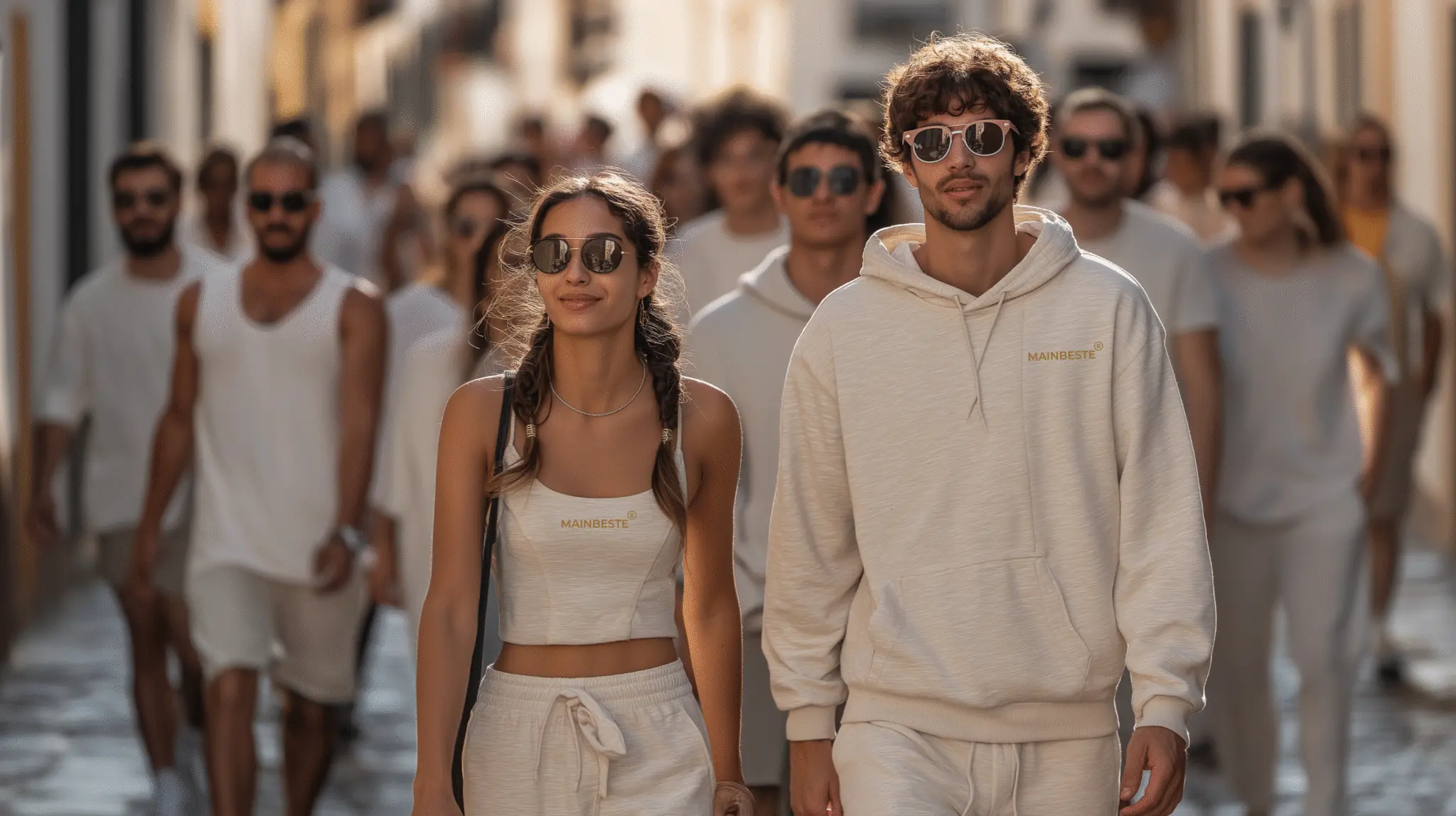 Group of young adults wearing Mainbeste apparel in an urban setting